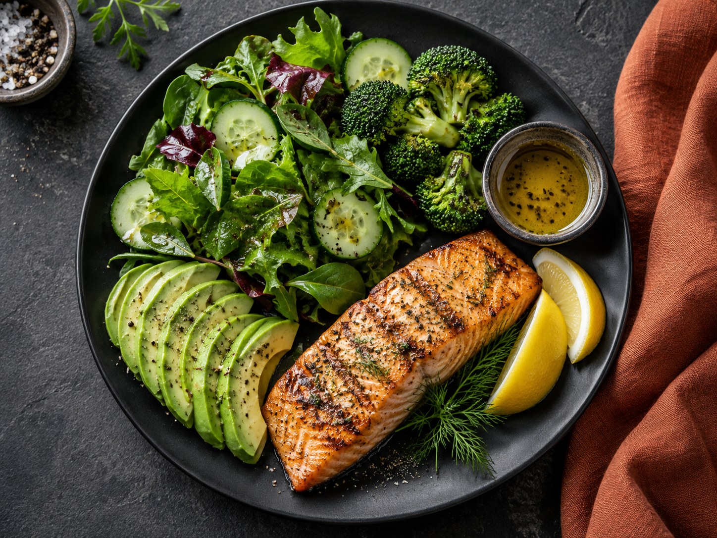 Salmon, avocado, greens and vegetables arranged as a simple meal